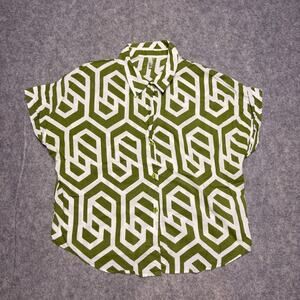 Kaktus Abstract Green Short Sleeve Button Front Blouse Sz XL
